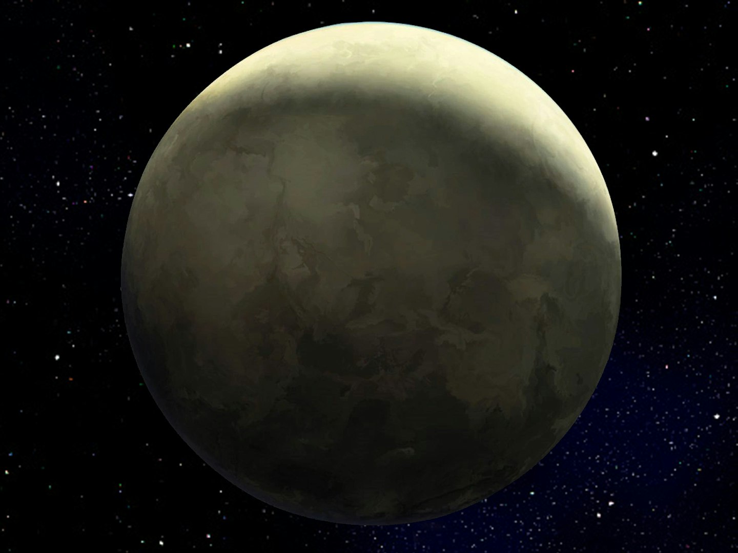 The planet Mandalore (pale green, no large lakes) floats in the starry empty galaxy