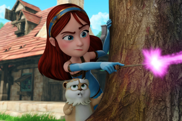 Marian in a blue dress, gloves and headband is behind a tree and directing a magic wand at something off camera with a pink magic stream. The gopher creature next to her is looking up at her concerned.