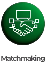 Ícone de matchmaking representado por um aperto de mãos estilizado dentro de um círculo verde, com elementos digitais e balão de fala.