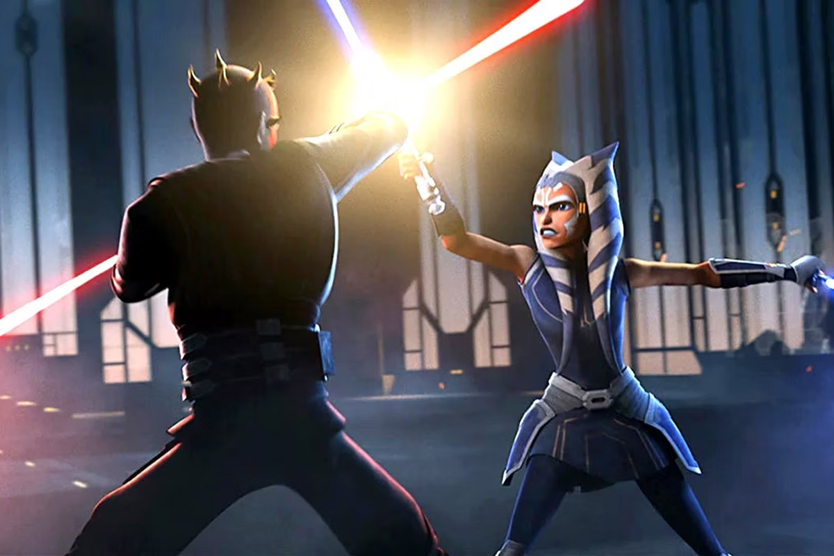Ahsoka Tano and Darth Maul fight on Mandalore in the throne room