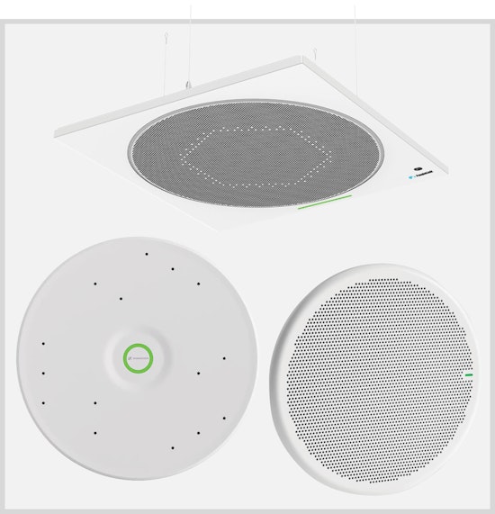 Here are concise alt text descriptions in English for these images: Top image: "White ceiling-mounted conference room microphone with circular mesh grille and green LED indicator