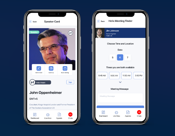 Images of the Connect Me by Informa App that dispalys speaker images, topics and session times