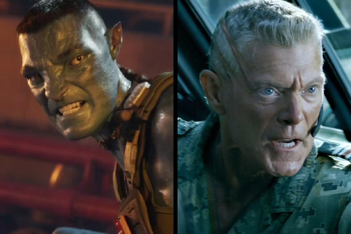 Left: Miles in a new Avatar body, looking angry. Right: Miles in his human form, also looking angry.