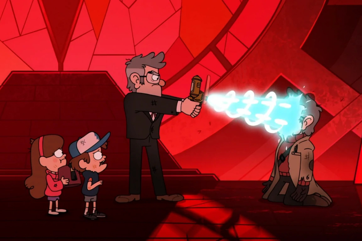 Dipper, Mable and Stanford stand to the left as Stanford erases Stanleys mind with a Mind Erase gun