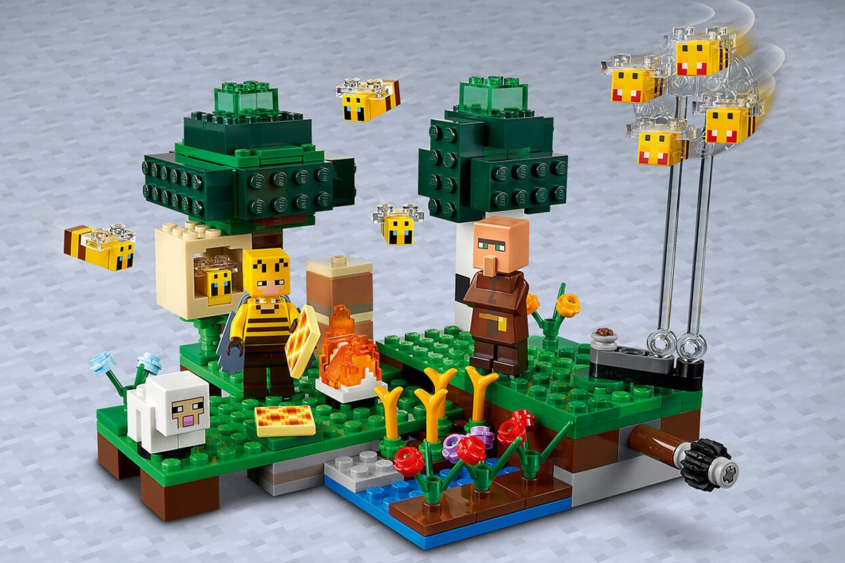 Set of Mine Craft with a bees, two characters and some greenery like trees and grass