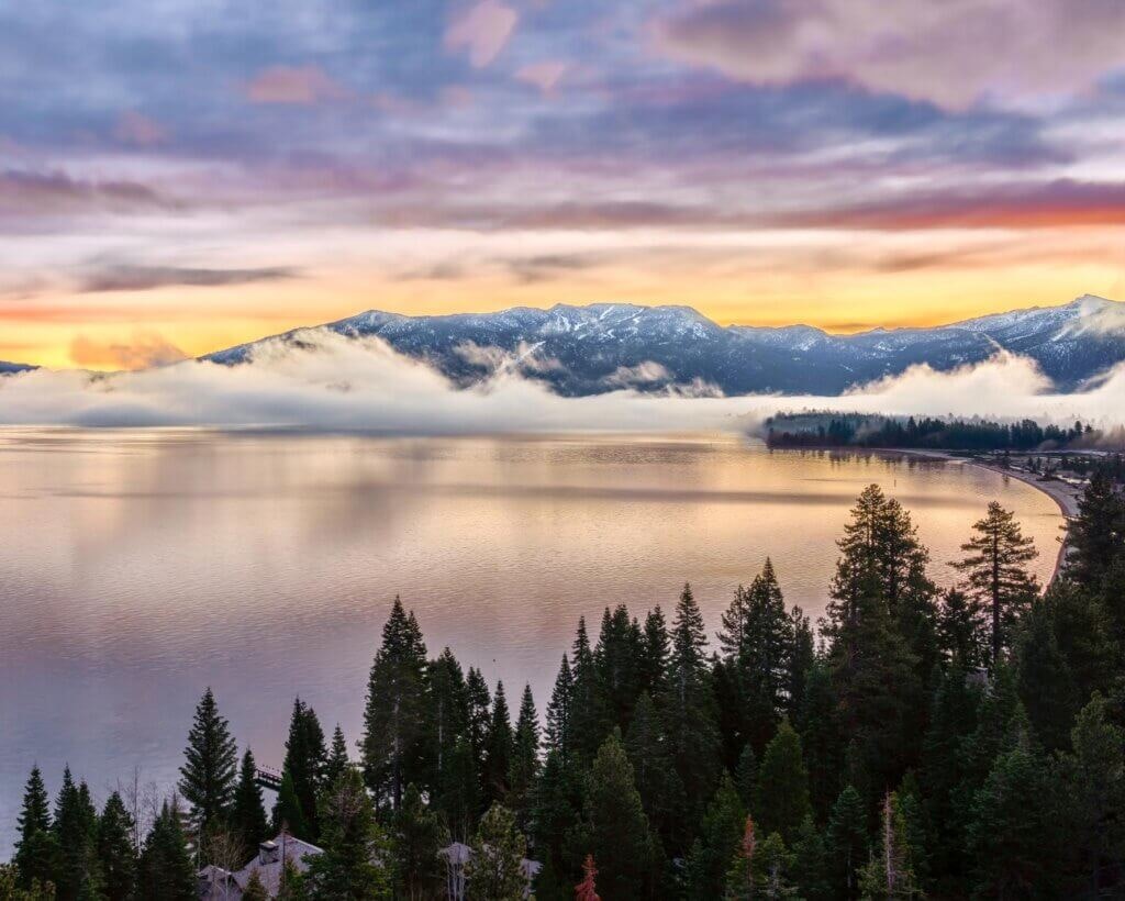 A misty sunrise over Lake Tahoe.