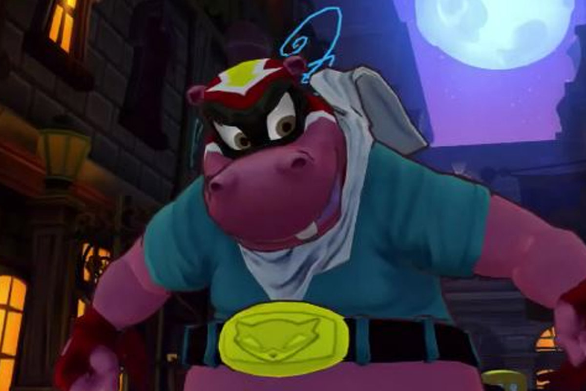 A large pink hippo wearing a black eye mask and golden belt stands with his arms outstretched