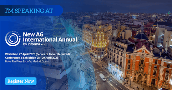 Speaker banner for New AG International Annual, highlighting event speakers.