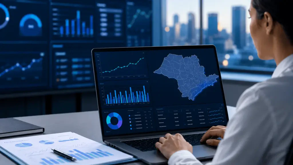 Mulher de jaleco branco analisando gráficos de BI e o mapa do estado de São Paulo em um laptop, representando a inteligência de dados do NIES na gestão da saúde pública.