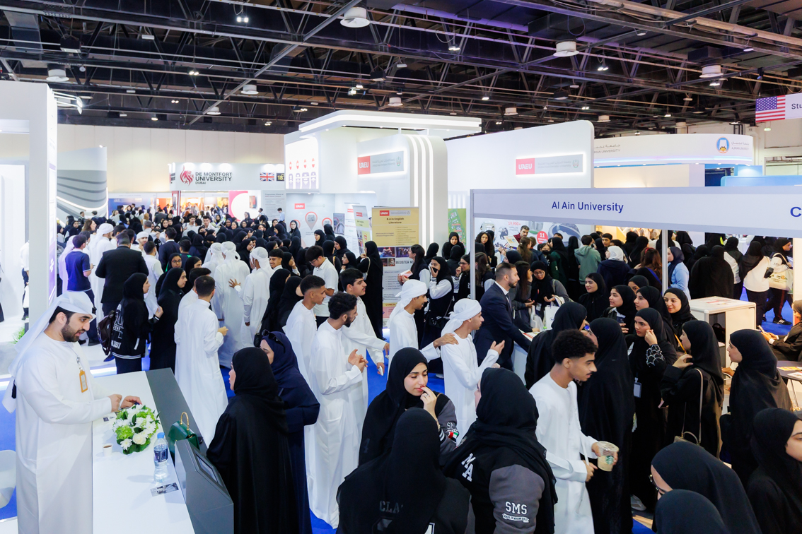 Crowds of students and parents explore international university booths at Najah Dubai study abroad fair.