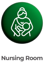 Green icon for the Breastfeeding Room at Hospitalar 2026, represented by a stylized illustration of a woman breastfeeding inside a green circle.
