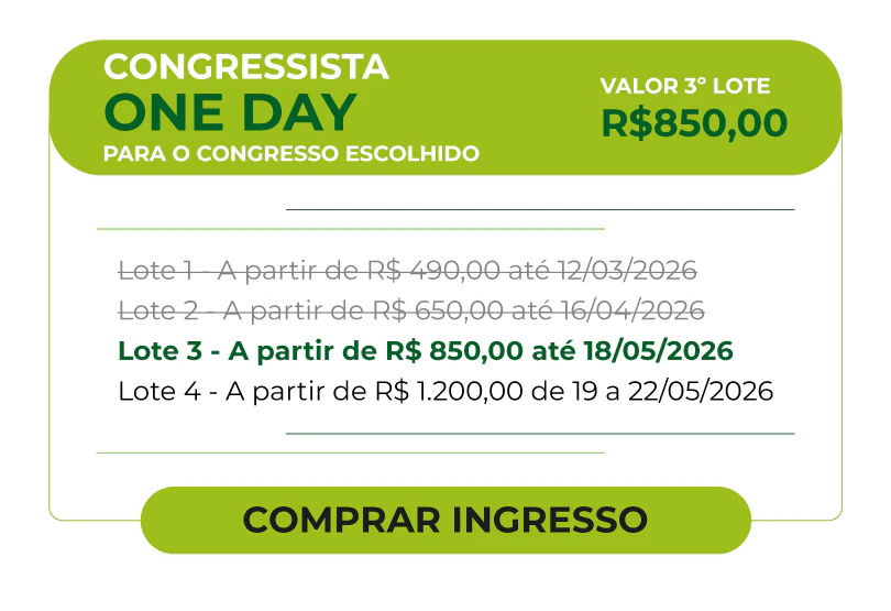 Card de inscrição para Congressista One Day com valores por lotes. Lote 2 atual por R$ 650,00 válido até 16/04/2026. Inclui cronograma de preços dos lotes 3 e 4 para o congresso escolhido.