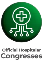 Circular green button with a medical cross icon connected to circuits and the text 'Hospitalar Official Congresses' below.