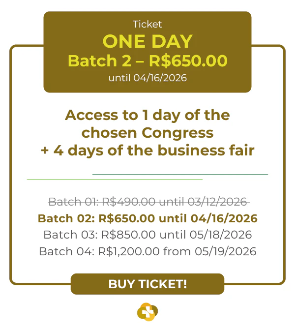 Card de ingresso 'One Day' para a Hospitalar 2026. Oferece acesso a 1 dia de congresso escolhido mais 4 dias de feira de negócios. Lote 1 por R$ 490,00 até 12/03/2026, com lotes subsequentes até R$ 1.200,00. Botão: Comprar Ingresso.
