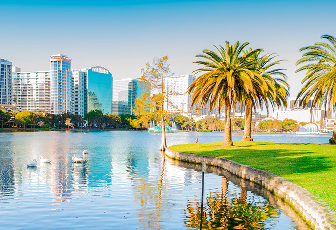 A photo of downtown Orlando, with palm trees in the foreground and city buildings in the background, and a lake in between.