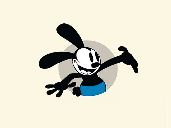 Oswald Rabbit poses with arm extended as he hangs out of a animated hole in the wall