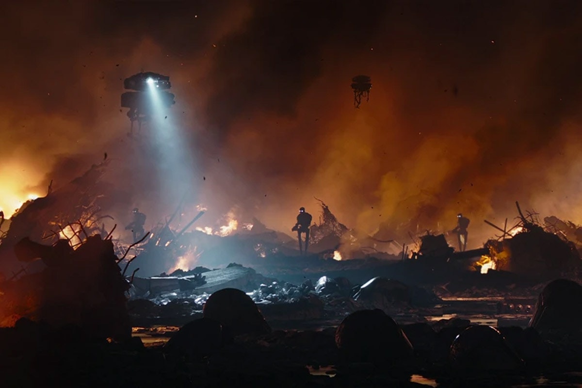 Imperial Droids search the destroyed remnants of Mandalore after a bomb attack