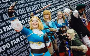 A group of six cosplayers cosplaying as characters from the video game The Legend of Zelda.