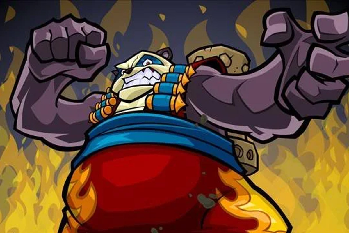 A giant Panda with red pants stands amid a ton of fire and flames