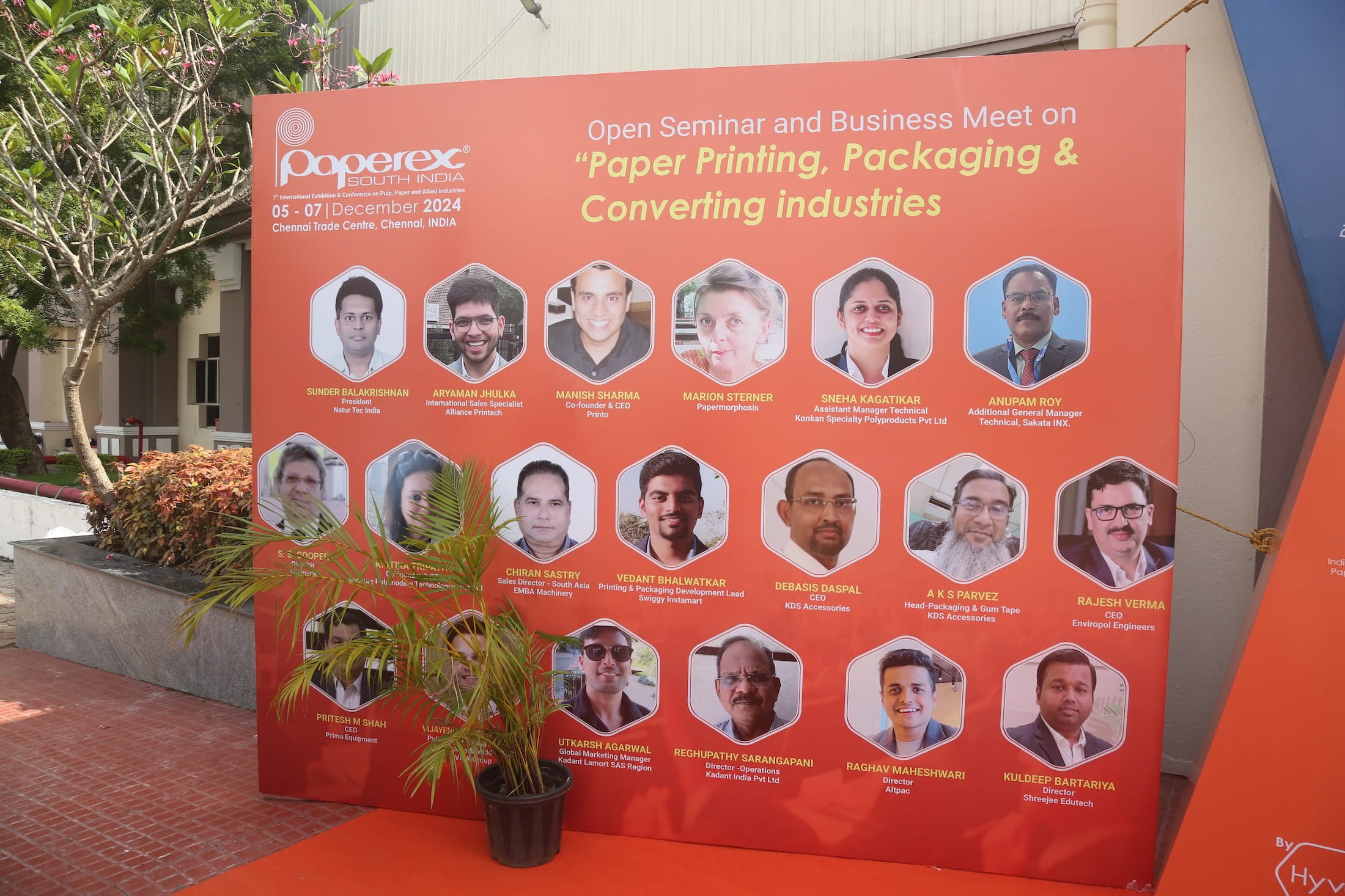 Event banner showcasing speakers for a seminar on paper printing, packaging, and converting industries at Paperex South India.