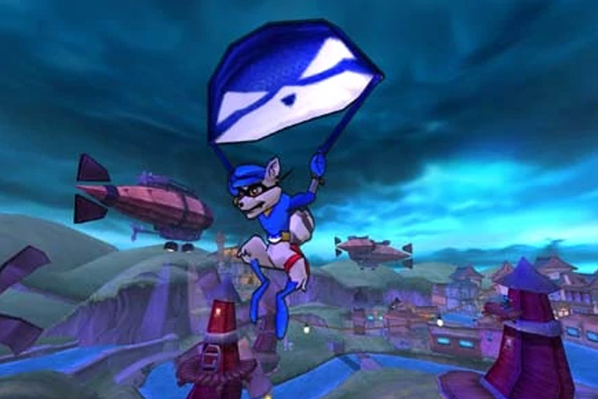 Sly Cooper holds a paraglider above him with a stylized version of his face as he soars high above the ground