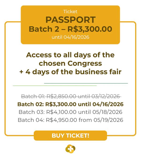 Card de ingresso 'Passaporte' para a Hospitalar 2026. Oferece acesso aos 9 congressos da Hospitalar mais 4 dias de feira de negócios. Lote 1 por R$ 2.850,00 até 12/03/2026, com lotes subsequentes até R$ 4.950,00. Botão: Comprar Ingresso.
