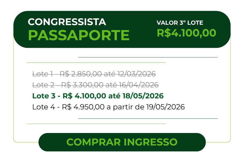 Card de inscrição para Congressista Passaporte com tabela de preços por lotes. Lote 2 atual por R$ 3.300,00 válido até 16/04/2026. Detalha valores progressivos para os lotes 3 e 4.