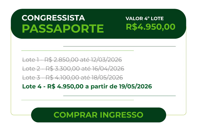 Card de inscrição para Congressista Passaporte com tabela de preços por lotes. Lote 2 atual por R$ 3.300,00 válido até 16/04/2026. Detalha valores progressivos para os lotes 3 e 4.
