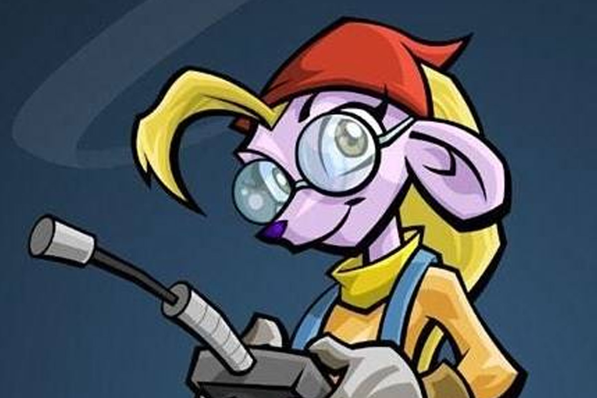 A purple mouse with blonde hair smiles at the camera holding a remote