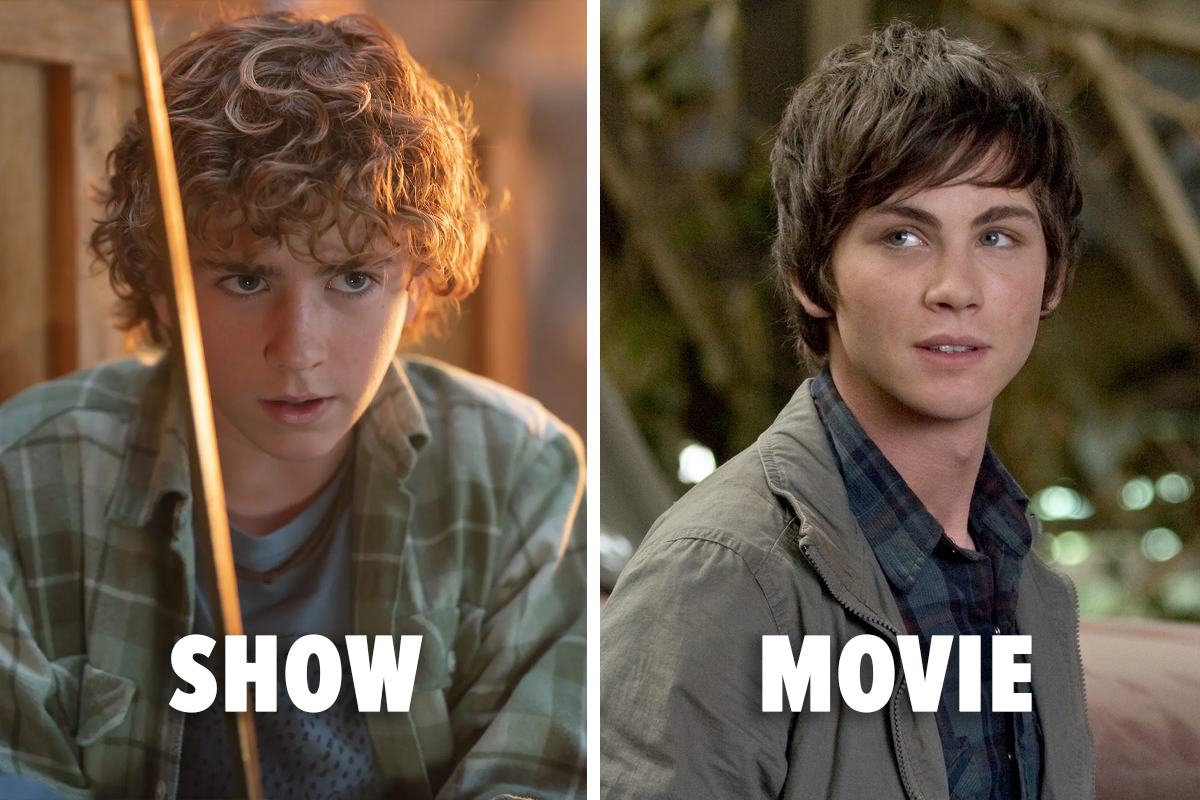Two images. Left is Percy in the new show, right is Percy in the movies.