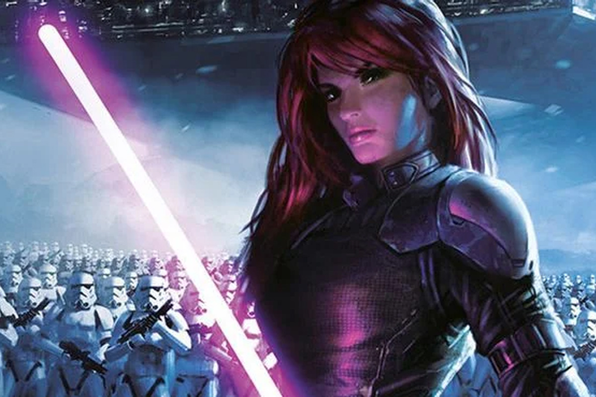 Mara Jade stands with hundreds of Stormtroopers behind her with an ignited Pink lightsaber