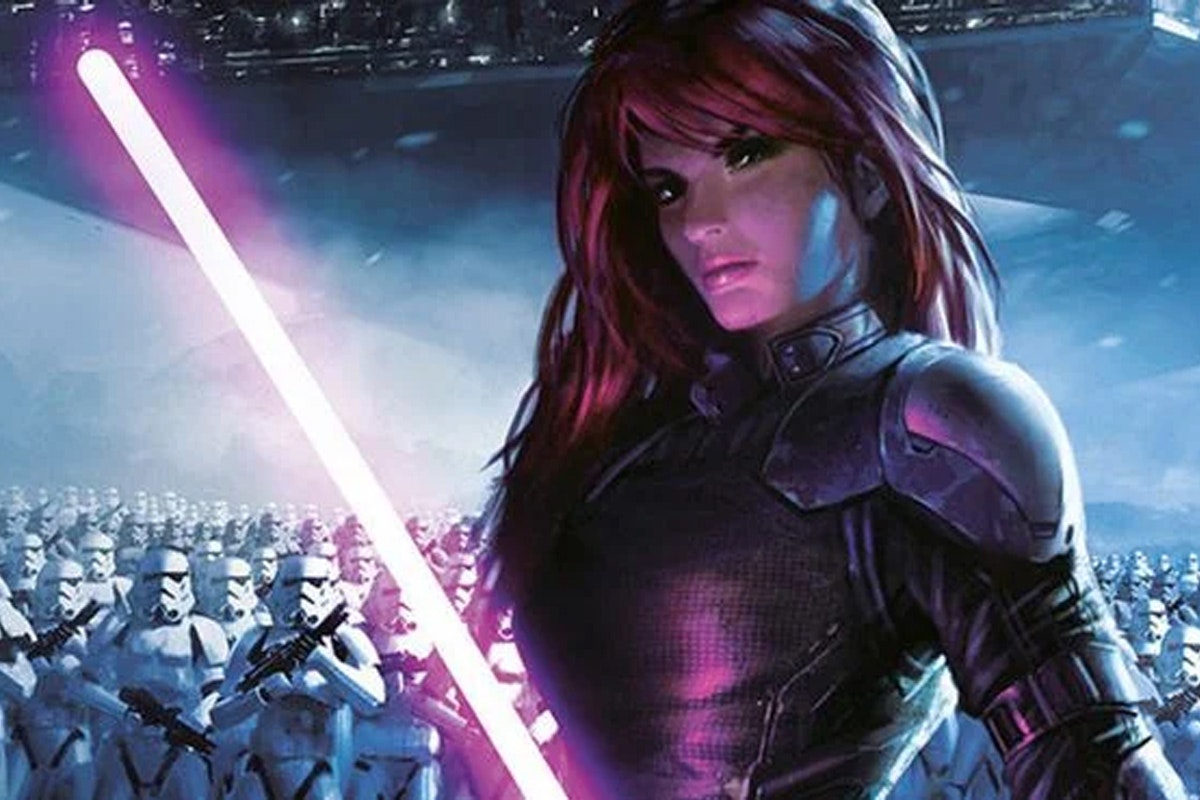 Mara Jade stands with hundreds of Stormtroopers behind her with an ignited Pink lightsaber