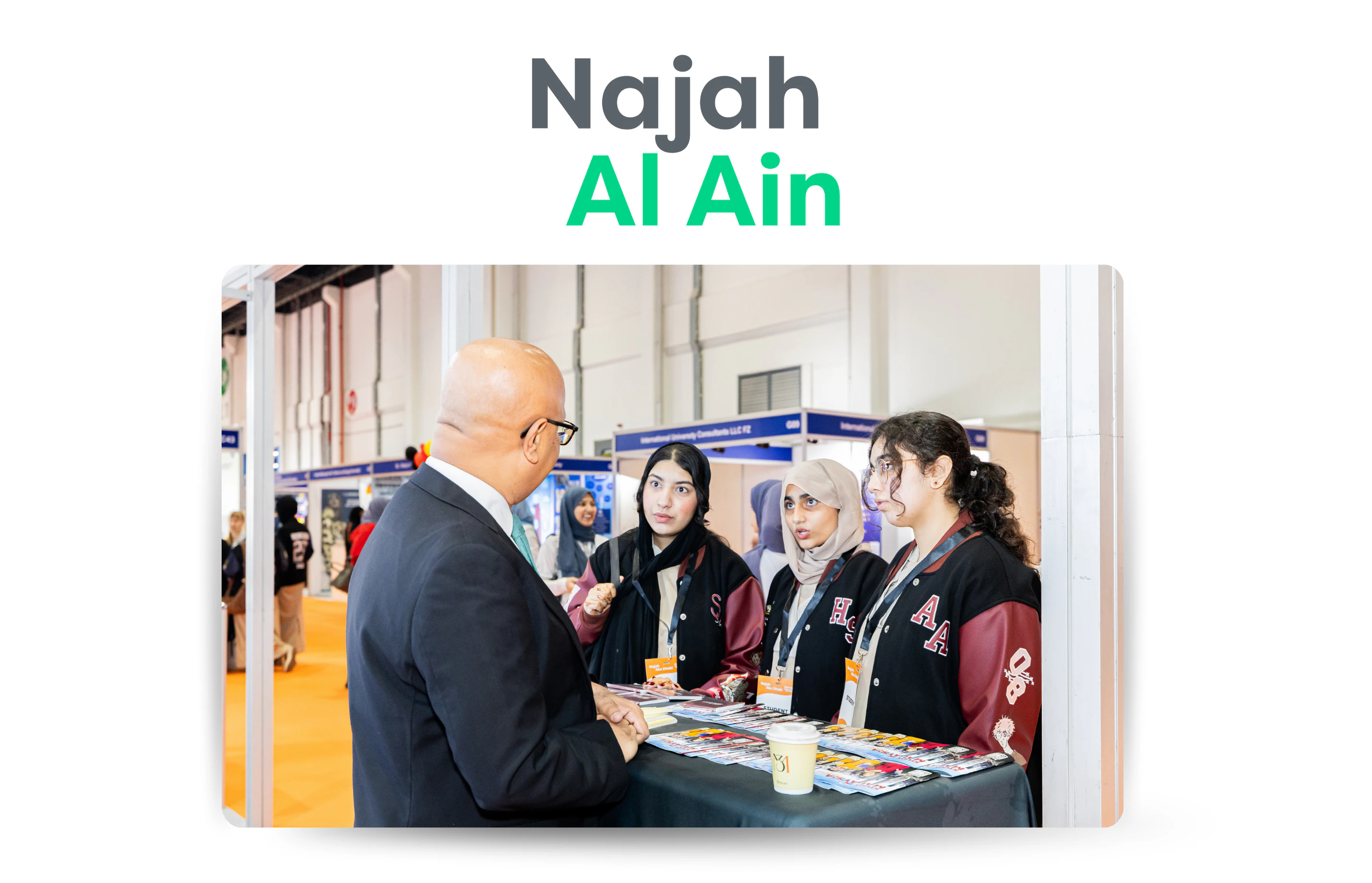 Students interacting with a university representative at Najah Al Ain 2026, 2–3 November at ADNEC Centre Al Ain.