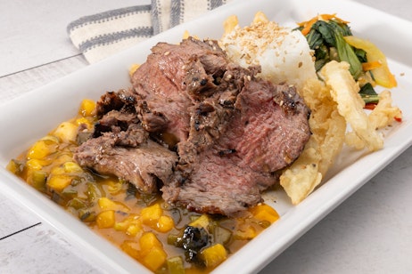 Korean BBQ Glazed Flank with Peach Chutney & Ssamjang Bok Choy