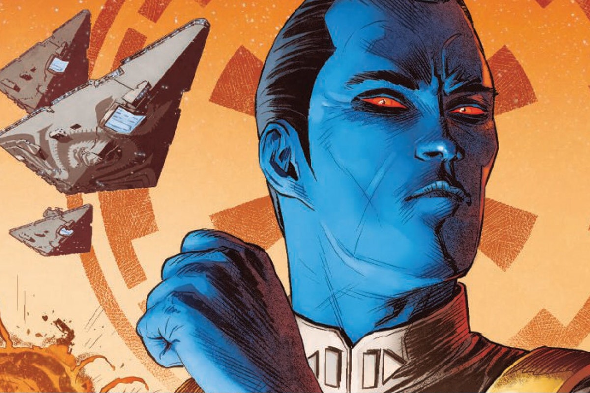 Thrawn poses with red eyes and Star Destroyers behind him on an orange backdrop