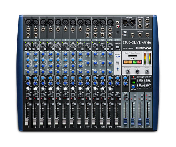 PreSonus StudioLive AR16c audio interface and analogue mixer with 18 channels, onboard effects, USB recording, and control panel.
