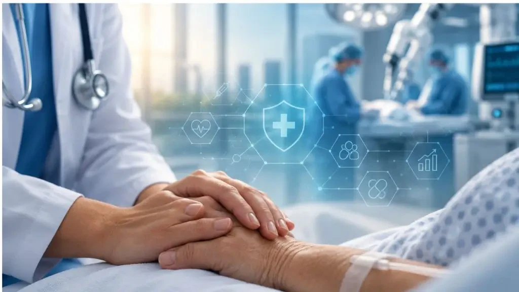 Médico segurando as mãos de paciente em leito hospitalar com ícones digitais de proteção, qualidade e gestão em saúde.