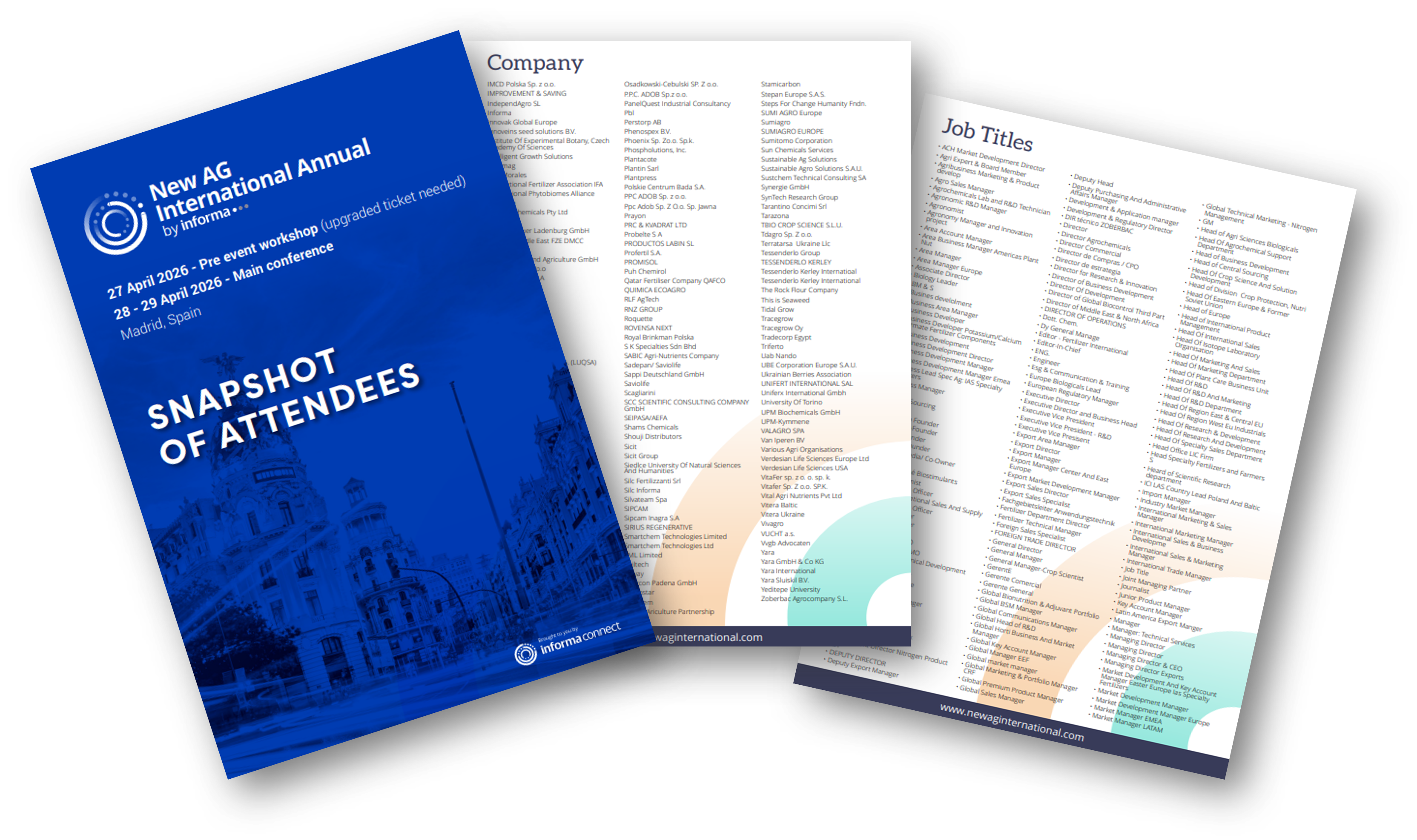 New Ag International Annual brochure featuring past attendees, job titles, and company names from the Specialty Fertilizers & BioAg Conference and Exhibition.