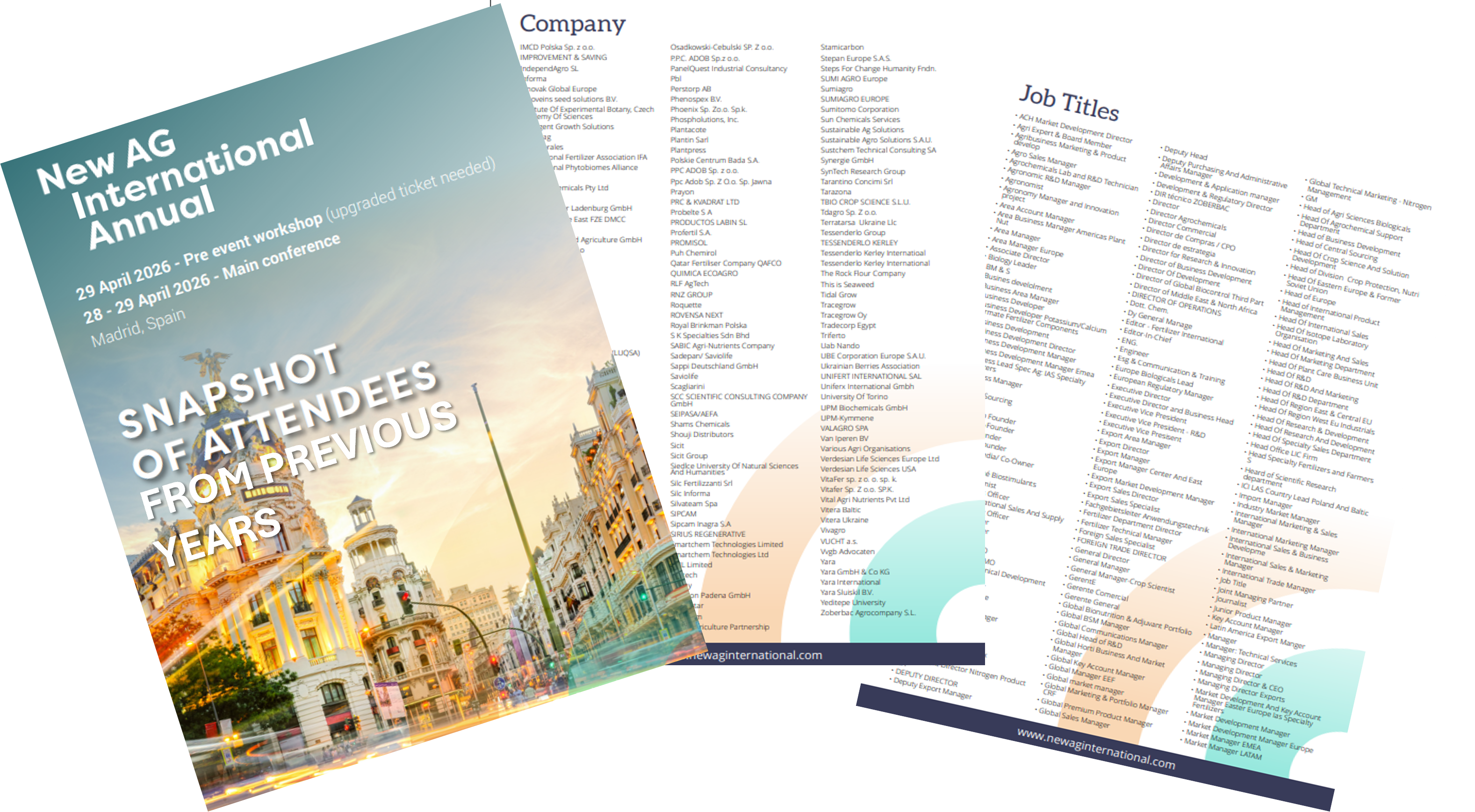 New Ag International Annual brochure featuring past attendees, job titles, and company names from the Specialty Fertilizers & BioAg Conference and Exhibition.