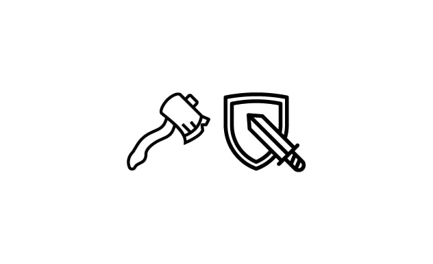 clip art of an axe on the left, and a shield and a sword on the right