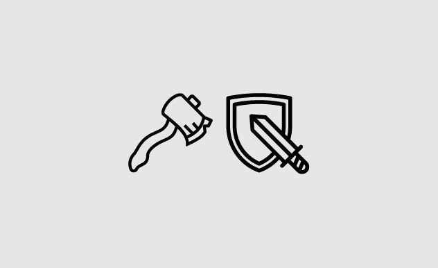 clip art of an axe on the left, and a shield and a sword on the right