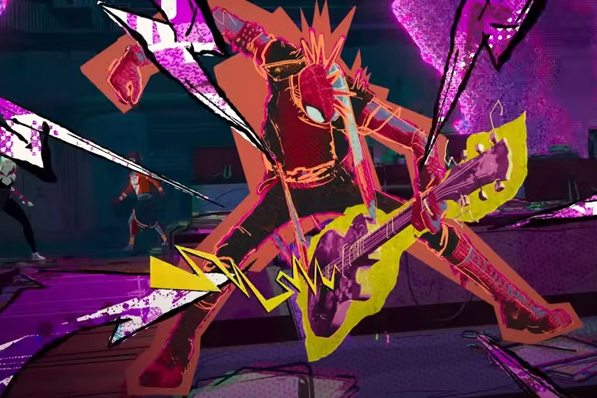 Spider-Punk jams out on guitar with music lines coming from it