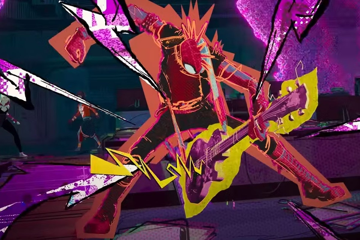 Spider-Punk jams out on guitar with music lines coming from it