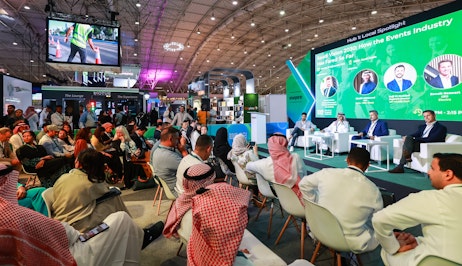 Audience attending a live expert panel at SES 2025, part of the seminar hub in Saudi Arabia
