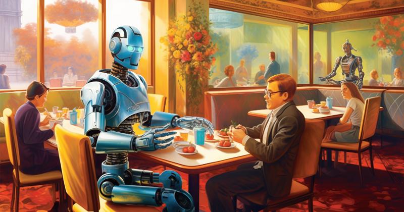 AI-generated image of a robot sitting at a diner table with a man in a suit