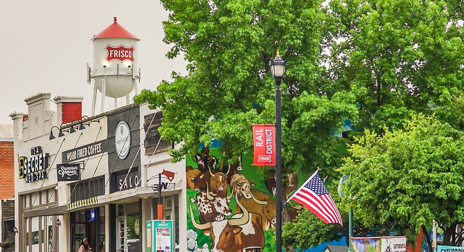 Street view in Frisco, Texas with landscaping, buildings, and a water tower