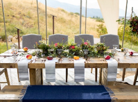 wooden table with grey decorations