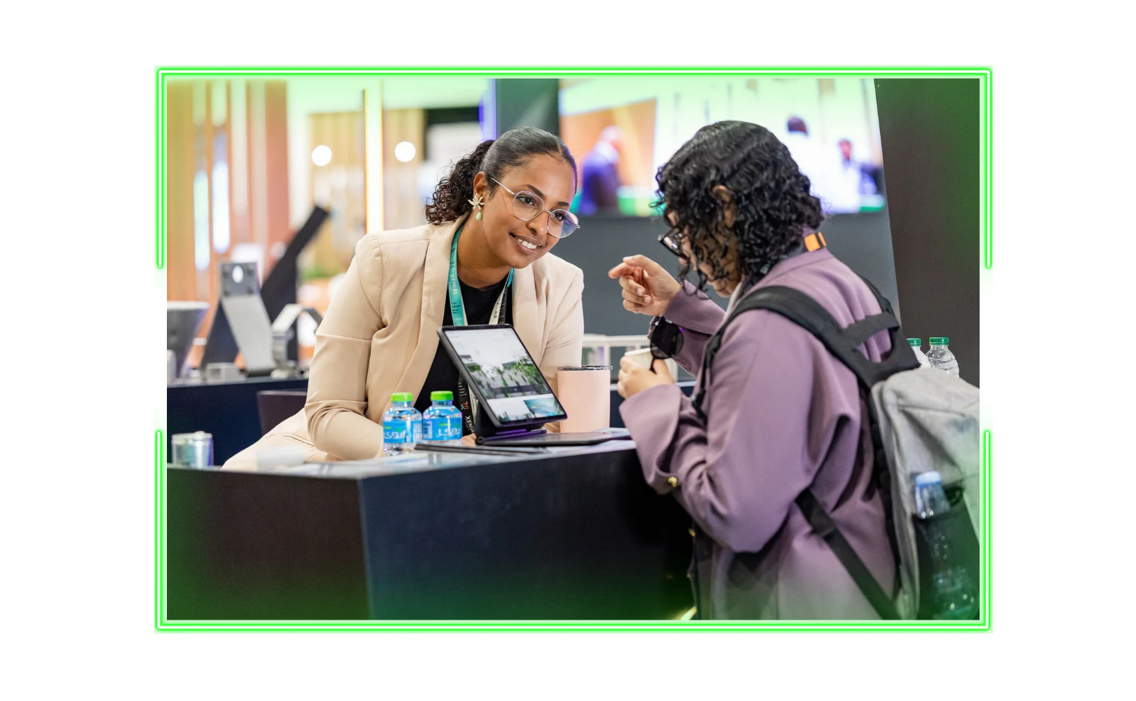 Exhibitors and visitors networking at Saudi Event Show (SES) 2025 exhibition in Riyadh, showcasing event tech and services.