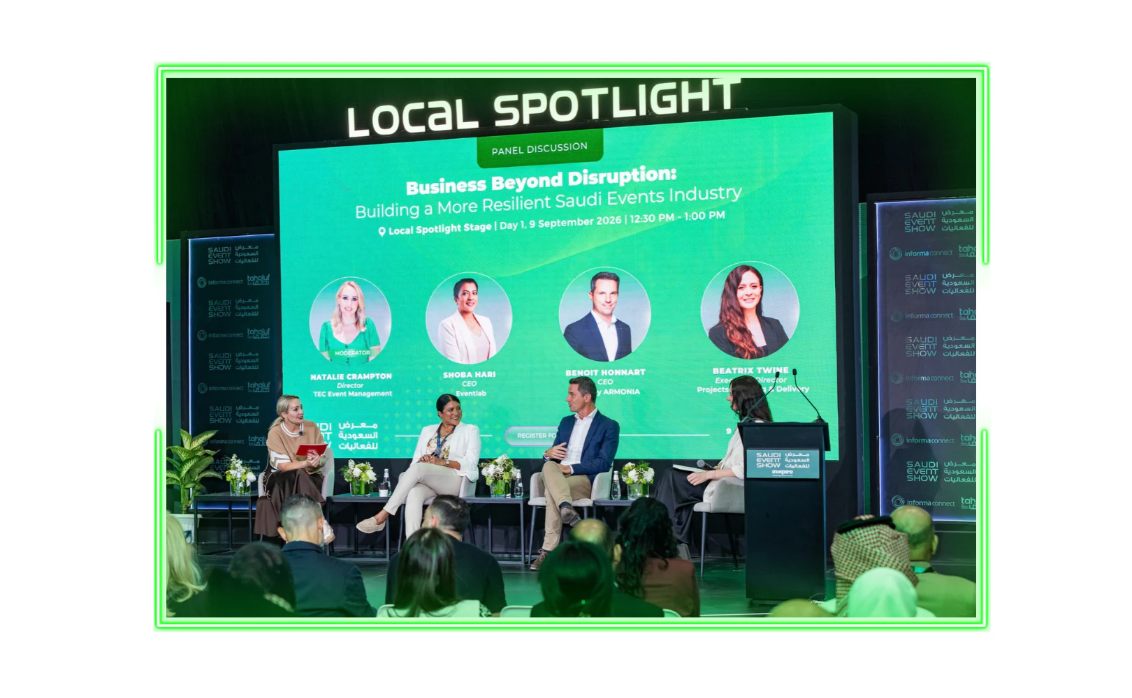 Audience attending a live panel session at Saudi Event Show 2025 seminar hub in Riyadh, focused on Saudi Vision 2030 and event innovation.