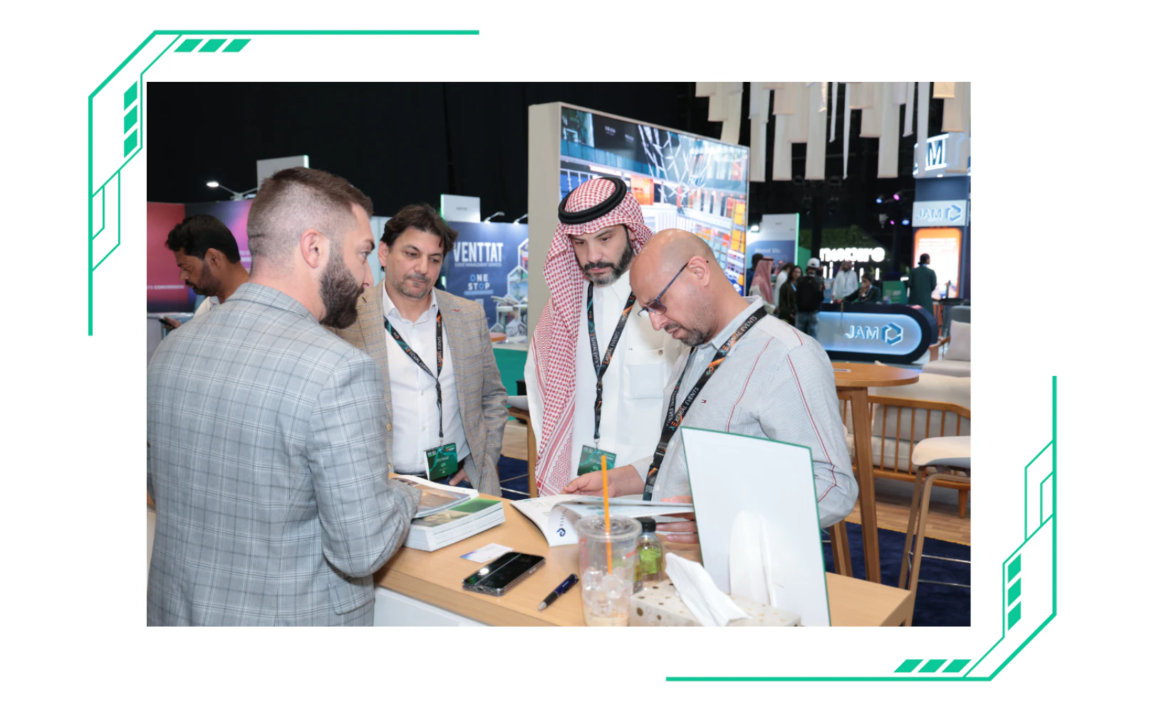Exhibitors and visitors networking at Saudi Event Show (SES) 2025 exhibition in Riyadh, showcasing event tech and services.